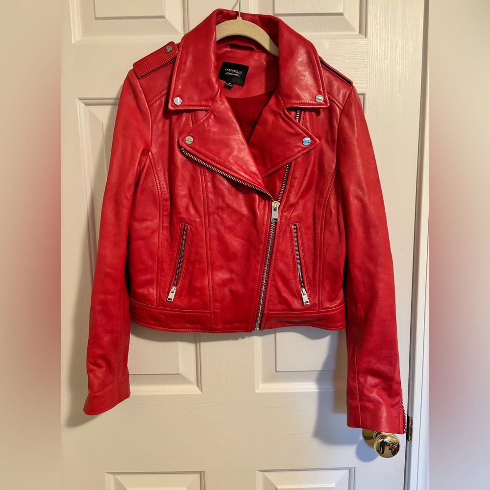 Lamarque Women's Vibrant Red Leather Biker Jacket